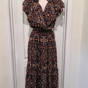 Willa Story - Elegant Brown and Orange Patterned Dress, lined - size Medium